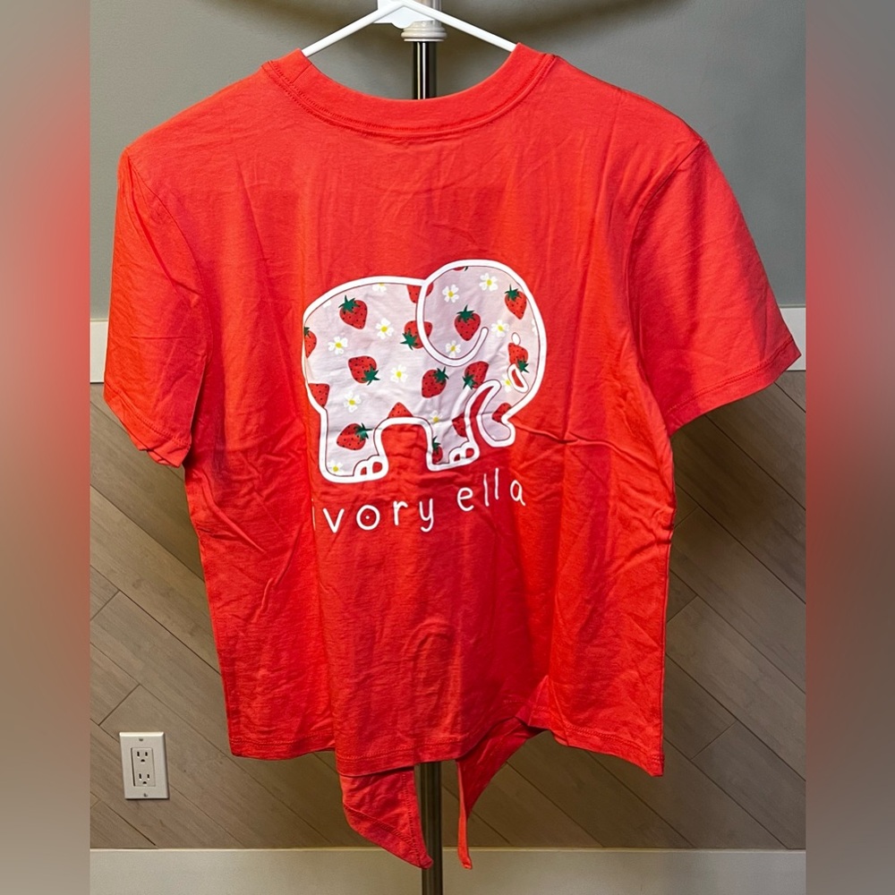 Ivory Ella Strawberry Red T-Shirt Elephant Design with front ties for knot